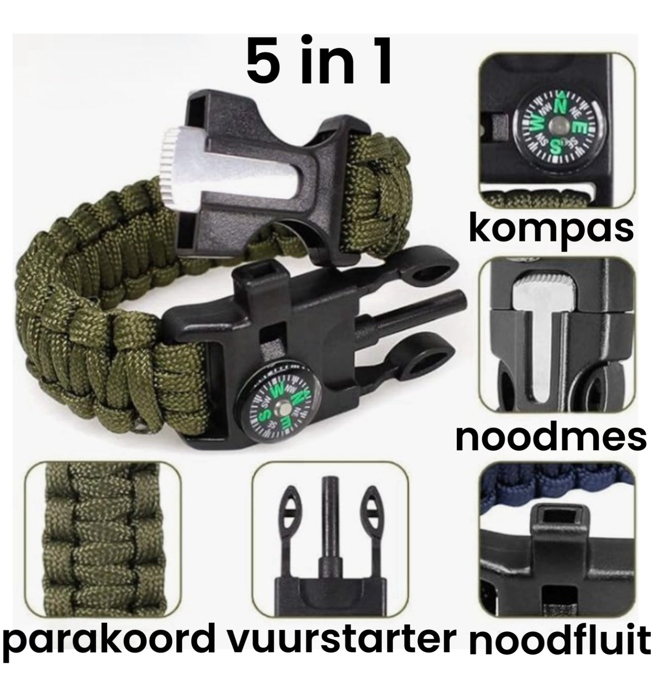 5-in-1 survivalarmband met kompas – compact noodhulpmiddel